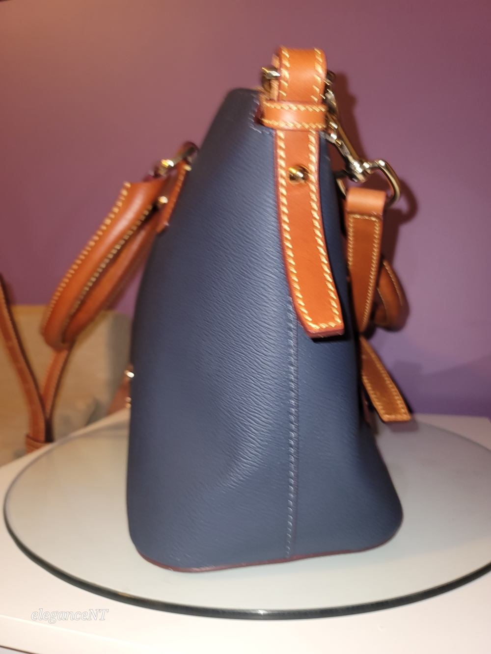 Dooney & Bourke Navy Kirby Domed Satchel Leather with Tan Trim - Picture 5 of 17